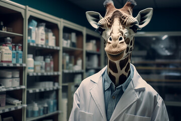 Generative AI image of wild animal in pharmacy - obrazy, fototapety, plakaty