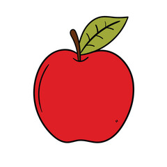 A hand-drawn doodle of a red apple with a leaf on a white background.