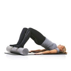 Core exercise, foam roller and studio woman with bridge workout, balance activity or wellness for...