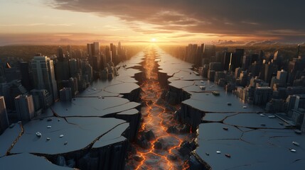 Sunset cityscape with the huge groung crack. Consequences of tectonic plate shift in the city. - obrazy, fototapety, plakaty