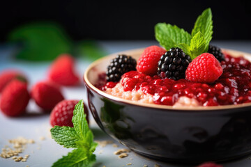 Delicious oatmeal porridge with fresh berry fruit and mint. Healthy breakfast food.