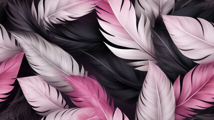 Luxury feathers black background, feathers as backdrop ready for tiling, tiled pattern for stunning background.  Pink and black feathers background orginal fashion backdrop.