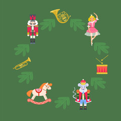 Fototapeta premium Cute vector postcard with characters from Nutcracker fairy tale: mouse king, princess, rocking horse, wind instruments, drum, Christmas tree branches.