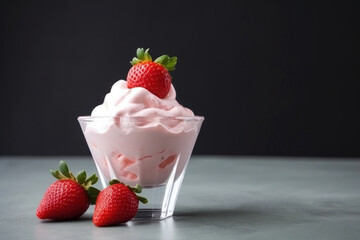 Bowl with healthy natural yogurt, fresh strawberries and mint close up