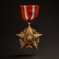a gold star with red ribbon - obrazy, fototapety, plakaty