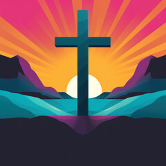 Modern Christian Illustration of the Cross at Sunset with Vibrant Colors in Purple, Yellow and Turquoise  