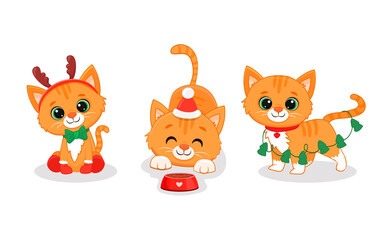 Obraz na płótnie Canvas Cute cartoon red kitten Isolated on white. Christmas Illustration for design, banners, children's books and patterns. Funny Ginger cat in santa hat.