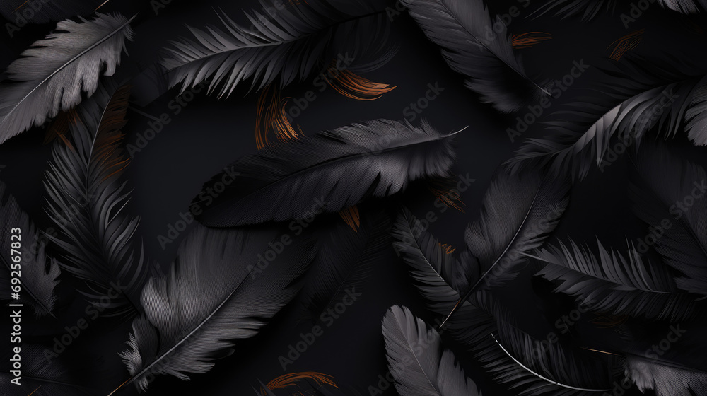 Poster black feathers on black background, black feathers background, tiled background as loop and pattern. Backround ready for tiling with black feather and realistic lights
