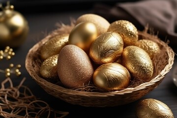 Golden Easter eggs, generative ai - obrazy, fototapety, plakaty