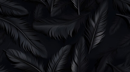 Fototapeta premium black feathers background, tiled background as loop and pattern. Backround ready for tiling with black feather and realistic lights