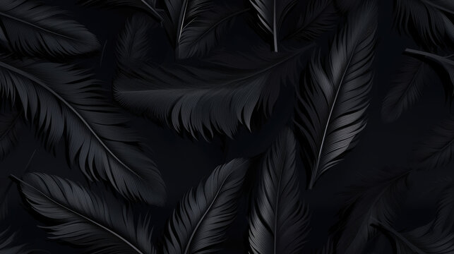 black feathers background, tiled background as loop and pattern. Backround ready for tiling with black feather and realistic lights