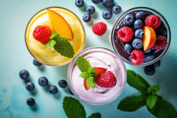 Healthy natural yogurt with fresh fruits and mint, top view