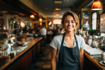 Portrait of a waitress in a traditional diner. - obrazy, fototapety, plakaty