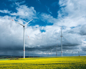 Wind Turbines in Canola Field under Blue Sky with dramatic stormy sky