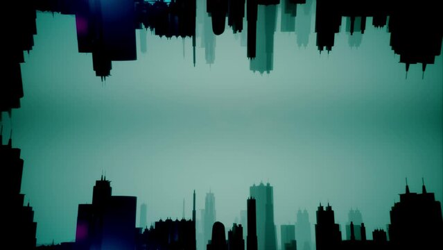 abstract futuristic city upsite down mirrored. Reflection of the downtown of city with high building and skycrapers