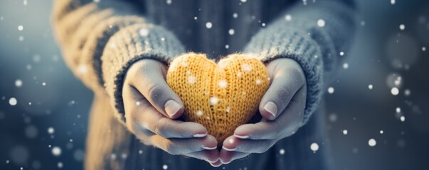 In a winter setting, hands adorned in knitted mittens delicately hold a yellow heart-shaped snow creation. - Powered by Adobe