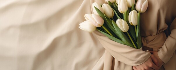 flat lay with female hands holding bunch of tulips on cream, beige textile background - obrazy, fototapety, plakaty