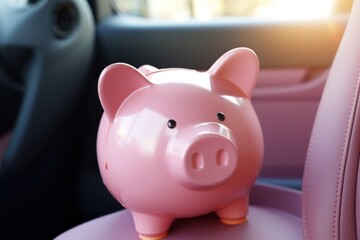 A pink piggy bank money box placed inside a car interior, symbolizing savings for a vehicle purchase.