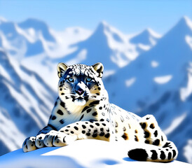 Elegance of a snow leopard on a snowy mountain. Generative AI.