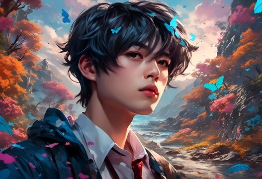 AI generated illustration of BTS V in the anime world