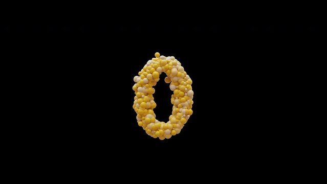 3D animation cartoon balls number 0, isolated beautiful funny yellow balloons, motion design, RGB Alpha, UHD 4K, Apple ProRes 4 4 4 4 12 bit, 25 fps