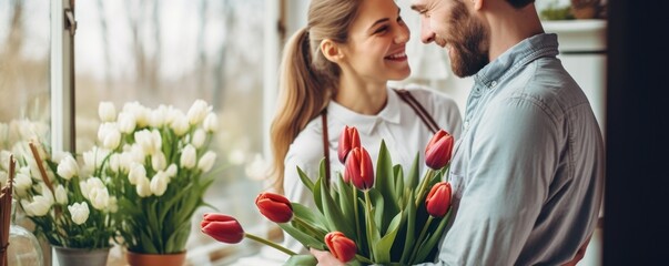 Young couple in the morning in the kitchen at home. A man gives a woman a bouquet of tulips in a beautiful stylish kitchen - Powered by Adobe