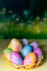 Happy Easter. Congratulatory easter background. Easter eggs with copy space. Selective focus.