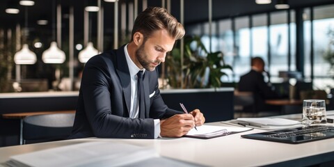 young man in suit writing business papers at desk in modern coworking office