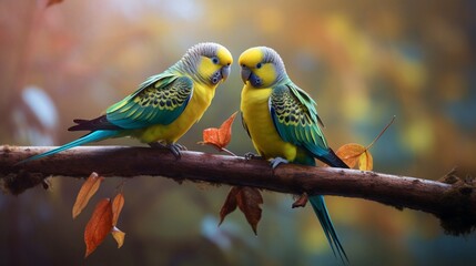 A pair of colorful parakeets perched on a natural branch