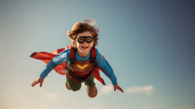 Happy young boy dressed as a superhero flying in the sky with his red cape floating in the air. Children's freedom to dream big concept. Copy space.