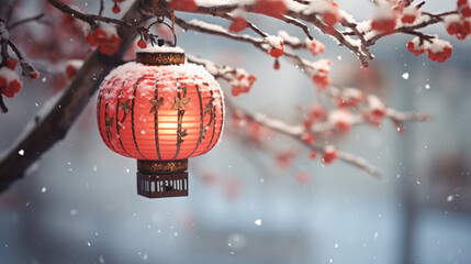 Winter Solstice Yuanxiao Spring Festival snowy plum blossom branches hanging in a beautiful lantern illustration background