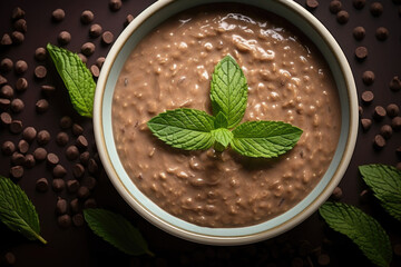 Delicious oatmeal porridge with chocolate, honey and mint. Healthy breakfast food, top view - obrazy, fototapety, plakaty