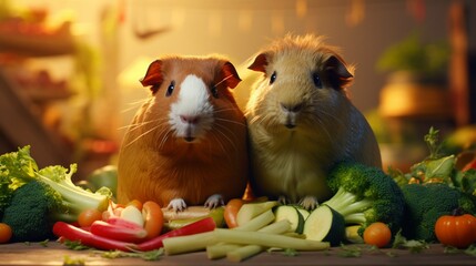 A pair of guinea pigs munching on fresh vegetables - obrazy, fototapety, plakaty