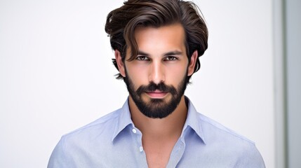 Obraz premium A bearded man shows off his good looks as he stands in a studio against a white backdrop