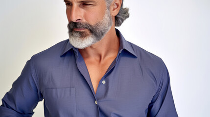Obraz premium A bearded man shows off his good looks as he stands in a studio against a white backdrop