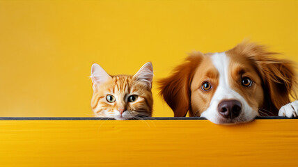 A cat and a dog peeking over a wooden ledge with curious expressions..
