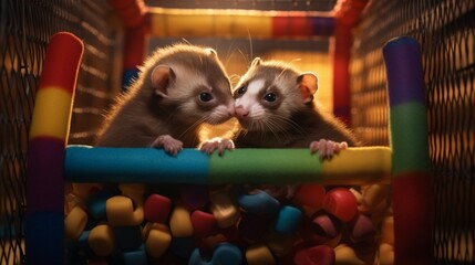 Fototapeta na wymiar A pair of playful ferrets wrestling in a playpen