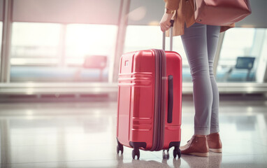 Young female traveler walking with a red suitcase trolley wheel luggage at modern airport or bus and train station background. Back view lower body close up. Urban transportation and travel concept.