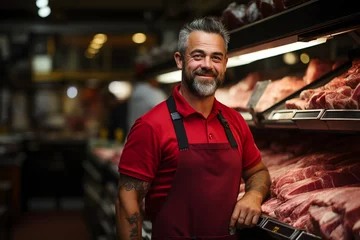 Fotobehang Portrait of a confident butcher standing in a meat store and smiling at the camera. ai generated © ImagineStock
