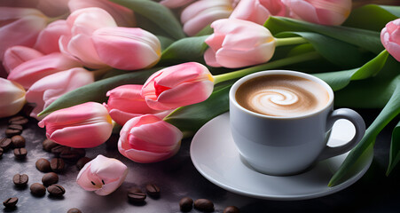 Fototapeta na wymiar cup of coffee with tulips