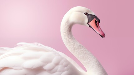 A white swan with pink background. The swan is a large bird with a long, slender neck and a black bill. 