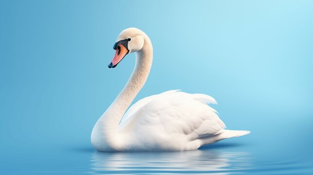 A white swan floating on a lake. The swan is a large bird with a long, slender neck and a black bill. 