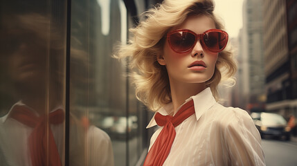 Portrait of 80s model in sunglasses and red summer scarf. Looking away.