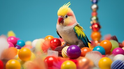 A playful cockatiel perched on a stack of colorful toys