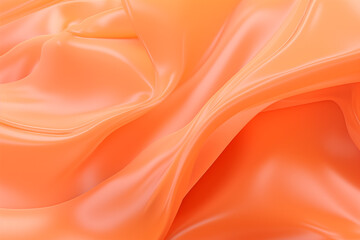Abstract background with smooth wavy lines in peach fuzz colors. Closeup of rippled orange satin fabric texture.  - obrazy, fototapety, plakaty