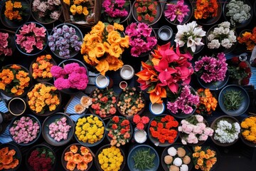 Aerial view of a colorful flower market with diverse blooms, vibrant floral arrangement