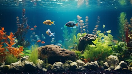 A serene aquarium scene with colorful fish swimming among aquatic plants