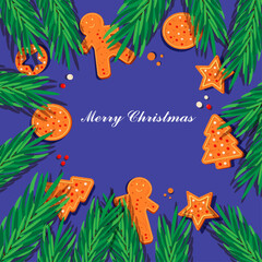 Christmas banner with fir branches and gingerbread cookies. Christmas background with gingerbread.  New Year and Christmas