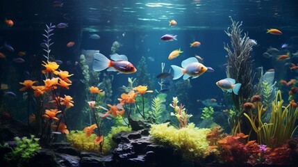 Fototapeta na wymiar A serene aquarium scene with colorful fish swimming among aquatic plants