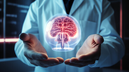 Hands of a doctor keeping an holographic glowing brain. 
